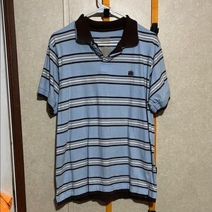 Machine Light Blue Striped Polo with Dark Brown Collar